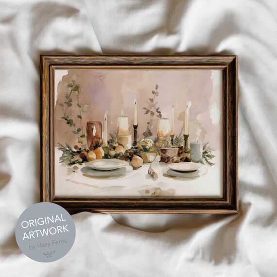 Christmas Dinner Table Candles Cozy Holiday Watercolor Print