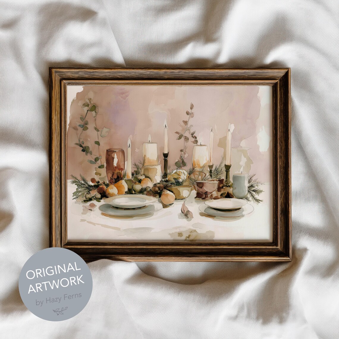 Christmas Dinner Table Candles Cozy Holiday Watercolor Print
