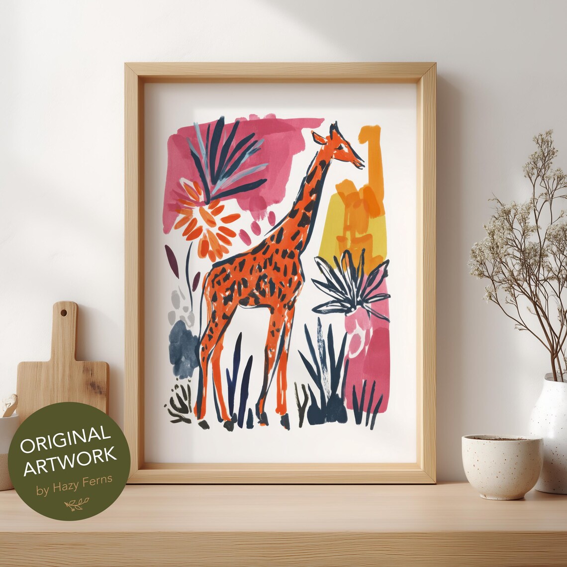 Giraffe Wall Art Print, Colorful Gouache Safari