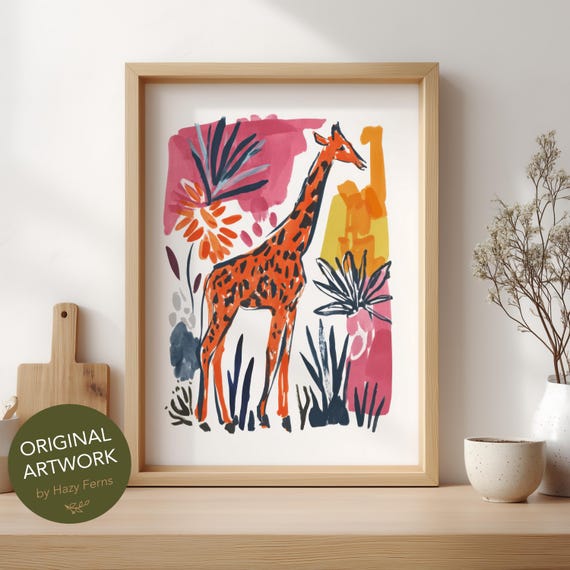 Giraffe Wall Art Print, Colorful Gouache Safari