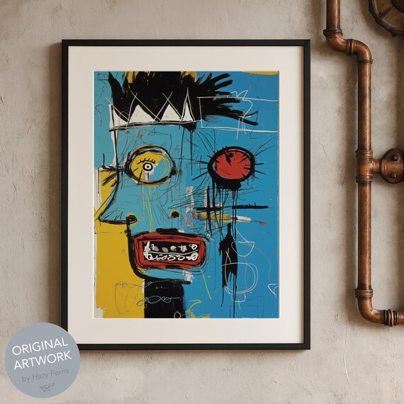 Basquiat Inspired Blue Face Crown Grinning Graffiti Abstract Poster