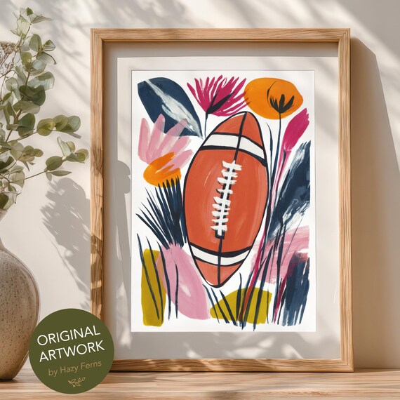 American Football Floral Art Poster Colorful Gouache Sporty Modern Decor