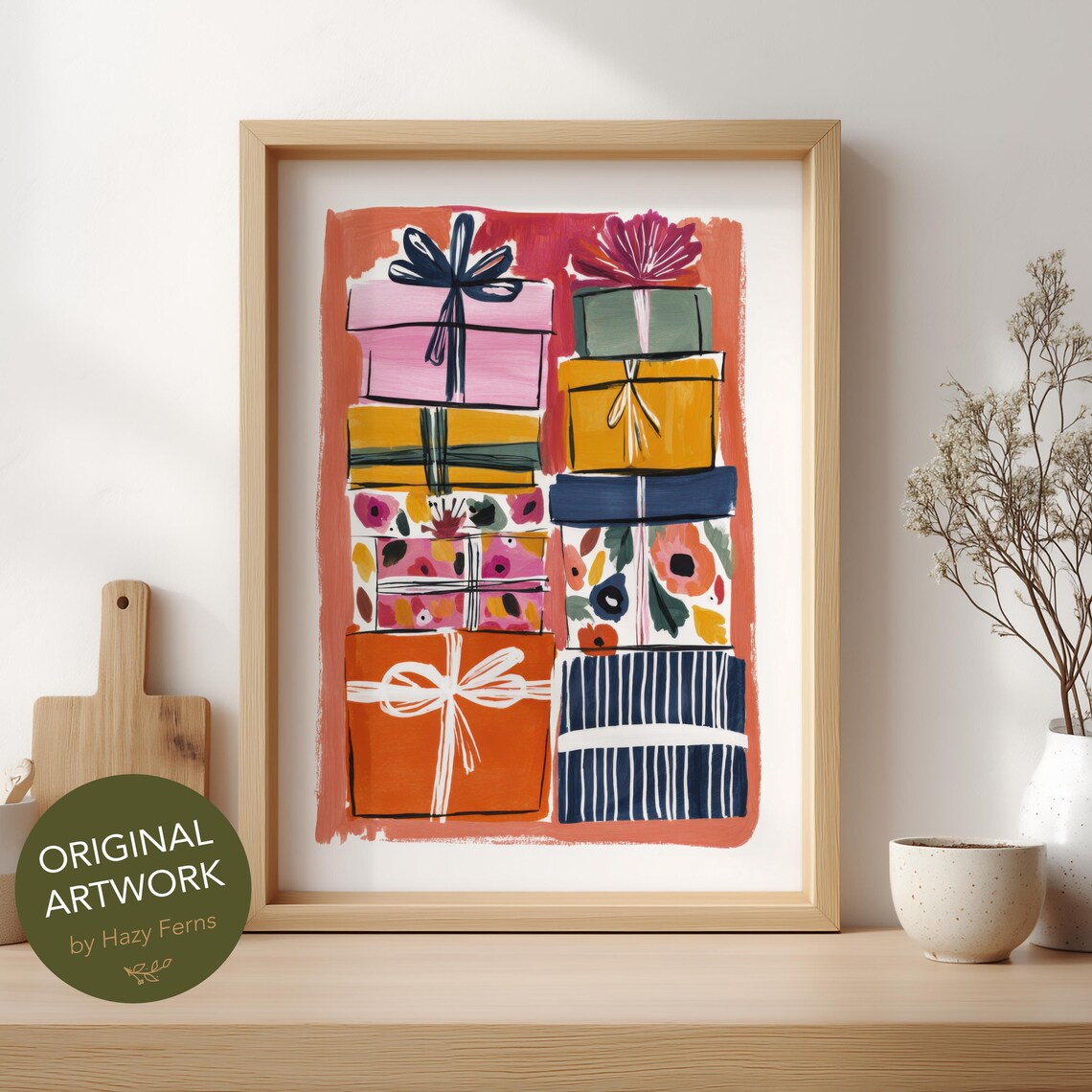 Festive Gift Box, Gouache Style Holiday Present Poster