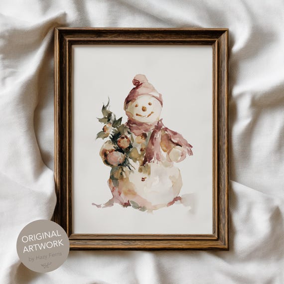 Snowman Watercolor Portrait Muted Pastel Winter Nursery Art