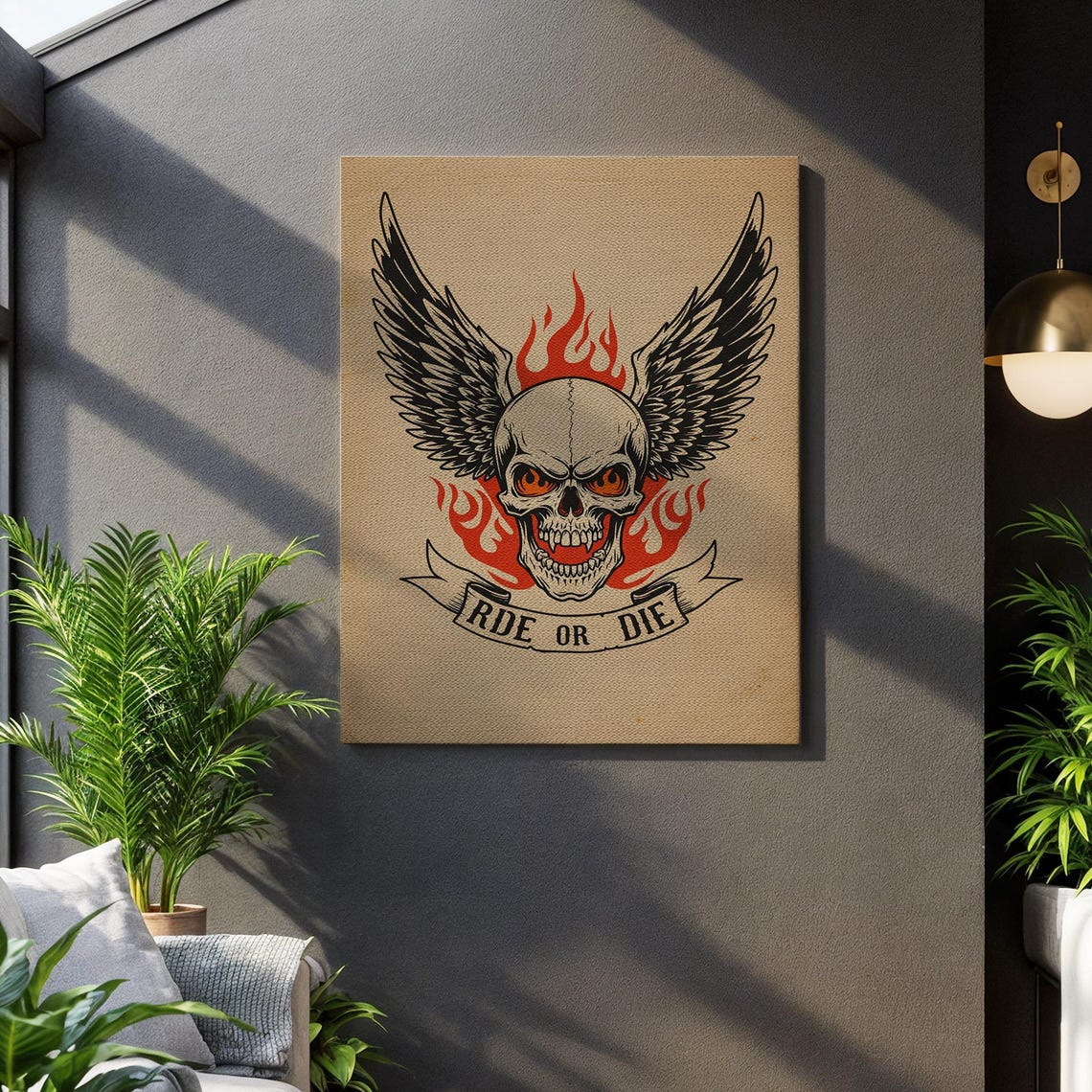 Ride Or Die Winged Skull Flames Biker Tattoo Vintage Art Poster