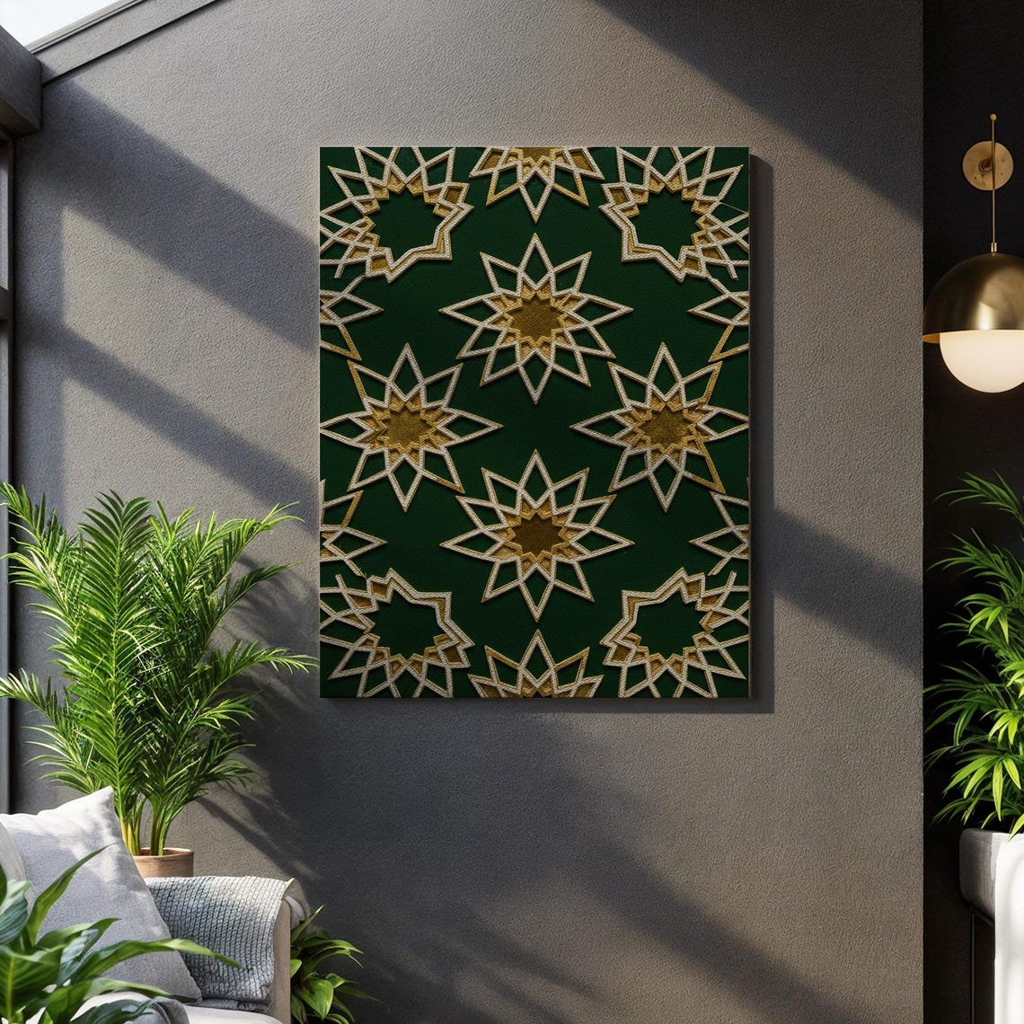Islamic Geometric Golden Stars on Emerald Pattern Canvas Wall Art