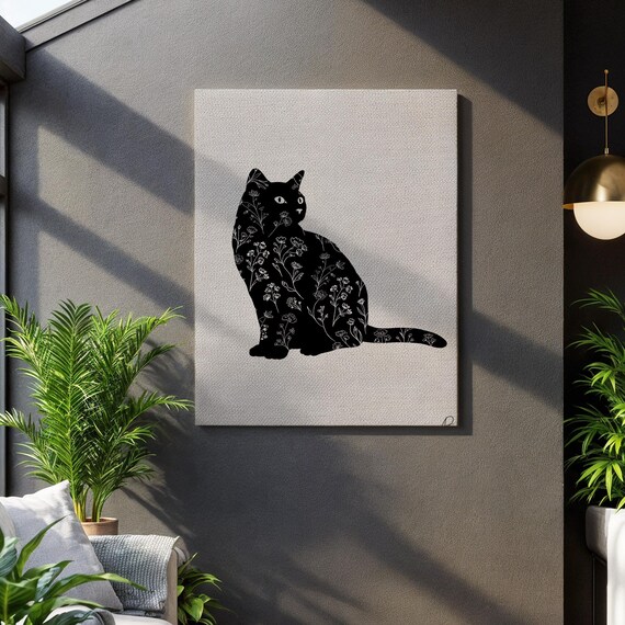 Black Cat Mystique Mystical Feline Detail Botanical Framed Display Unique Pet Offering Zen Home Decor Intricate Pattern Motif