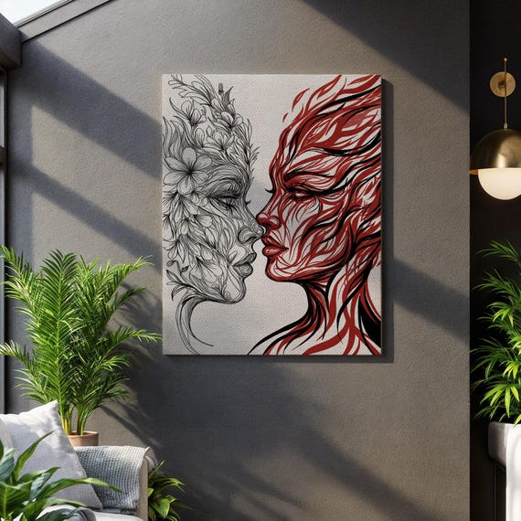Elemental Duality Face Line Art Canvas Fire And Floral Women Illustration Bold Abstract Feminine Energy Wall Print Framed Modern Decor