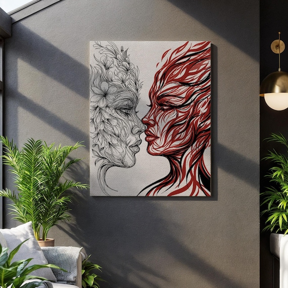 Elemental Duality Fire And Floral Faces Line Drawing Canvas Wall Art