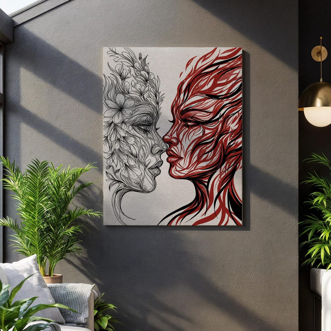 Elemental Duality Fire And Floral Faces Line Drawing Canvas Wall Art