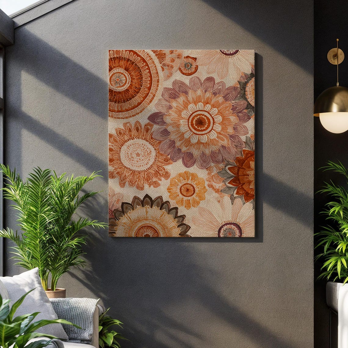 Boho Floral Mandala Retro Orange Beige Abstract Canvas Wall Art