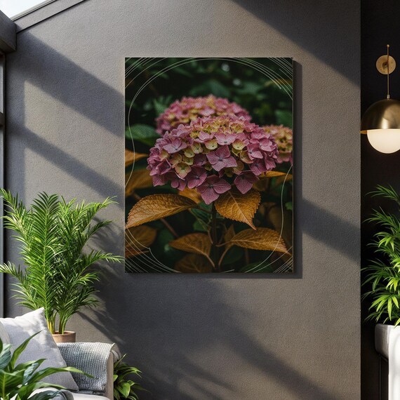 Hydrangea Botanical Wall Art Moody Floral Canvas Print Deep Green And Mauve Flower Photography For Elegant Nature Inspired Home Decor