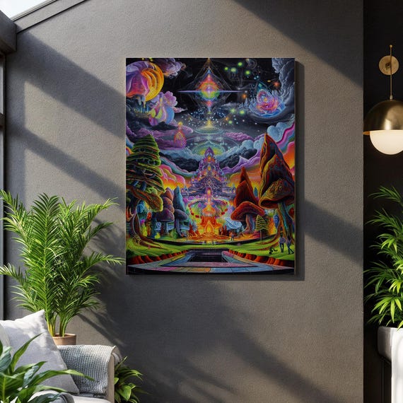 Trippy Castle Reverie Magical Mushroom Realm Hypnotic Neon Panorama Dreamlike Fantasy Vista Vibrant Urban Wonderland Cosmic Utopia Gift