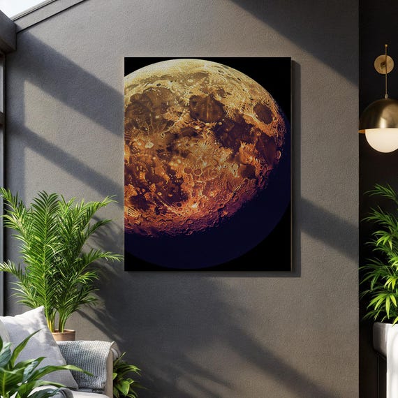 Golden Moon Canvas Wall Art Detailed Lunar Photography Print With Warm Amber Tones Astronomy Inspired Artwork For Living Room Or Office