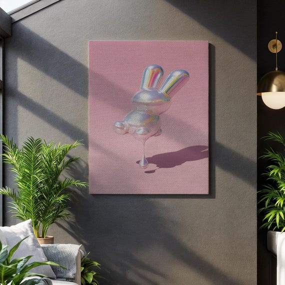 Metallic Bunny Pop Art Canvas Chrome Rabbit Sculpture Print On Pink Holographic Surreal Wall Decor For Modern Playful Or Futuristic Rooms