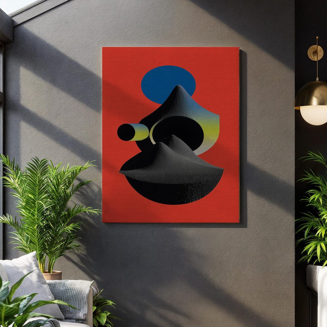 Bold Black Geometric Shapes on Red Modern Abstract Canvas Print