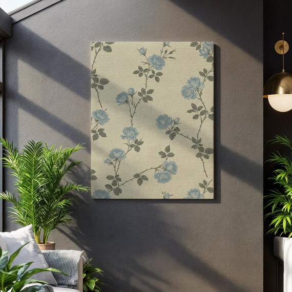 Blue Rose Botanical Floral Print On Beige Canvas Vintage Style Wall Art With Soft Romantic Framed Elegant Gift For Her Decor