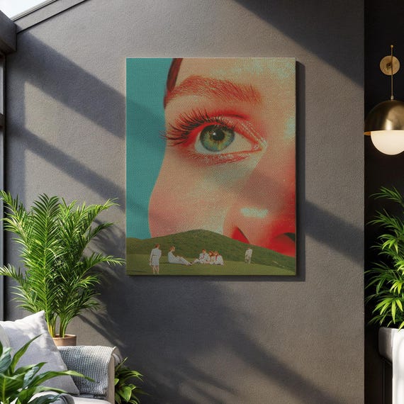 Surreal Eye Landscape Canvas Wall Art Giant Face Over Green Hill With People Dreamlike Modern Collage Print Bold Artistic Home Decor