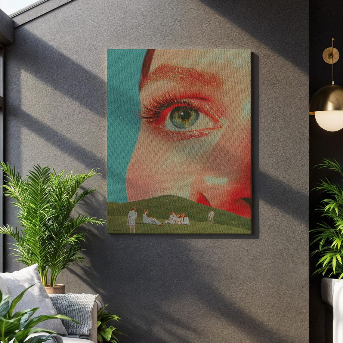 Giant Watchful Eye Over Green Hills Surreal Dreamlike Wall Art