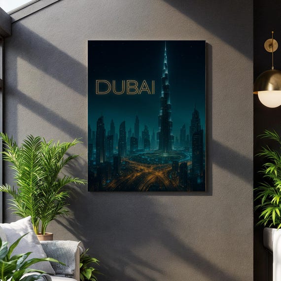 Dubai Skyline Canvas Wall Art Burj Khalifa Night Cityscape Print Futuristic Blue Architecture Poster Framed Urban Decor For Modern Homes