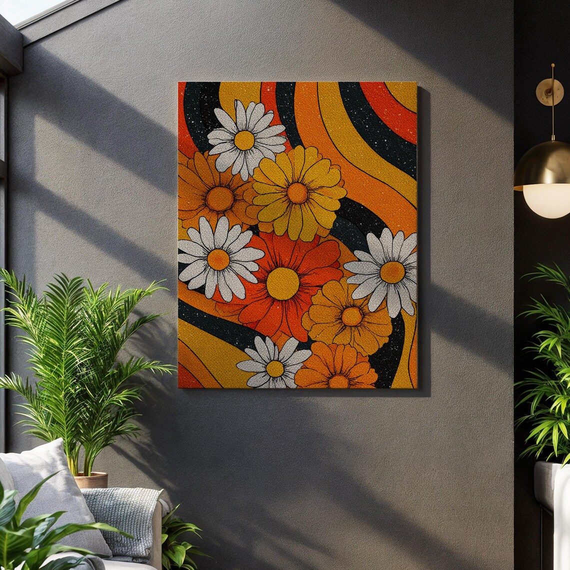 Retro Daisy Flower Power 70s Print Groovy Orange Floral Psychedelic Daisy Decor
