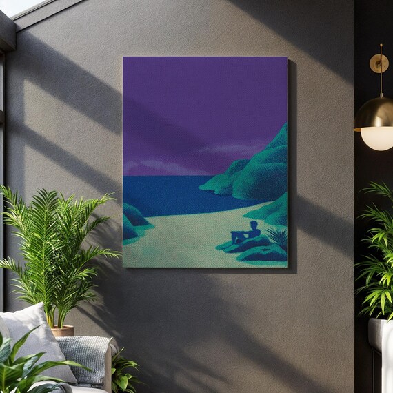 Tranquil Night Beach Art Print Purple Coastal Canvas Poster Solitude Minimalist Landscape Wall Decor Surreal Ocean Scene Illustration