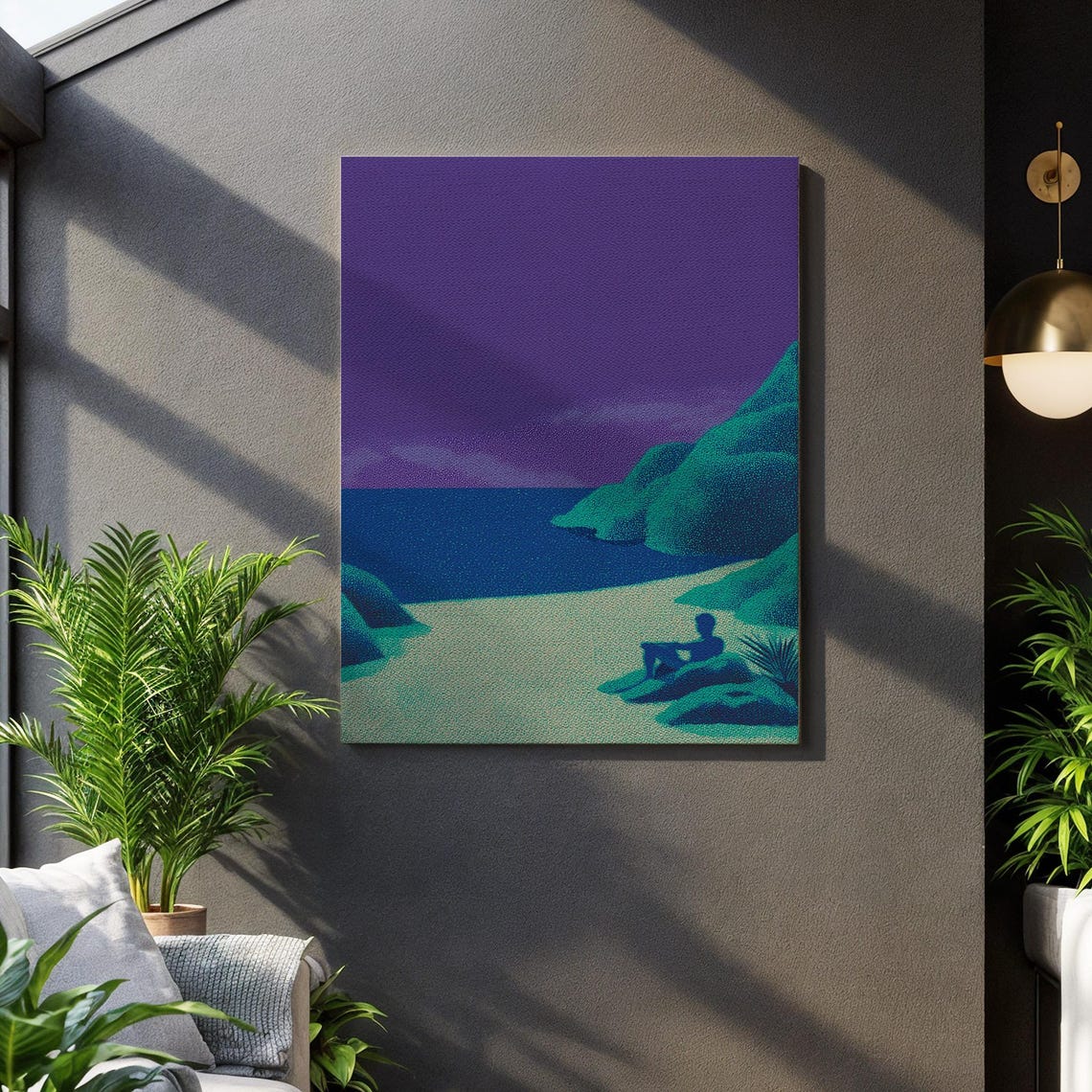 Calm Purple Night Beach With Lone Figure Coastal Canvas Wall Art