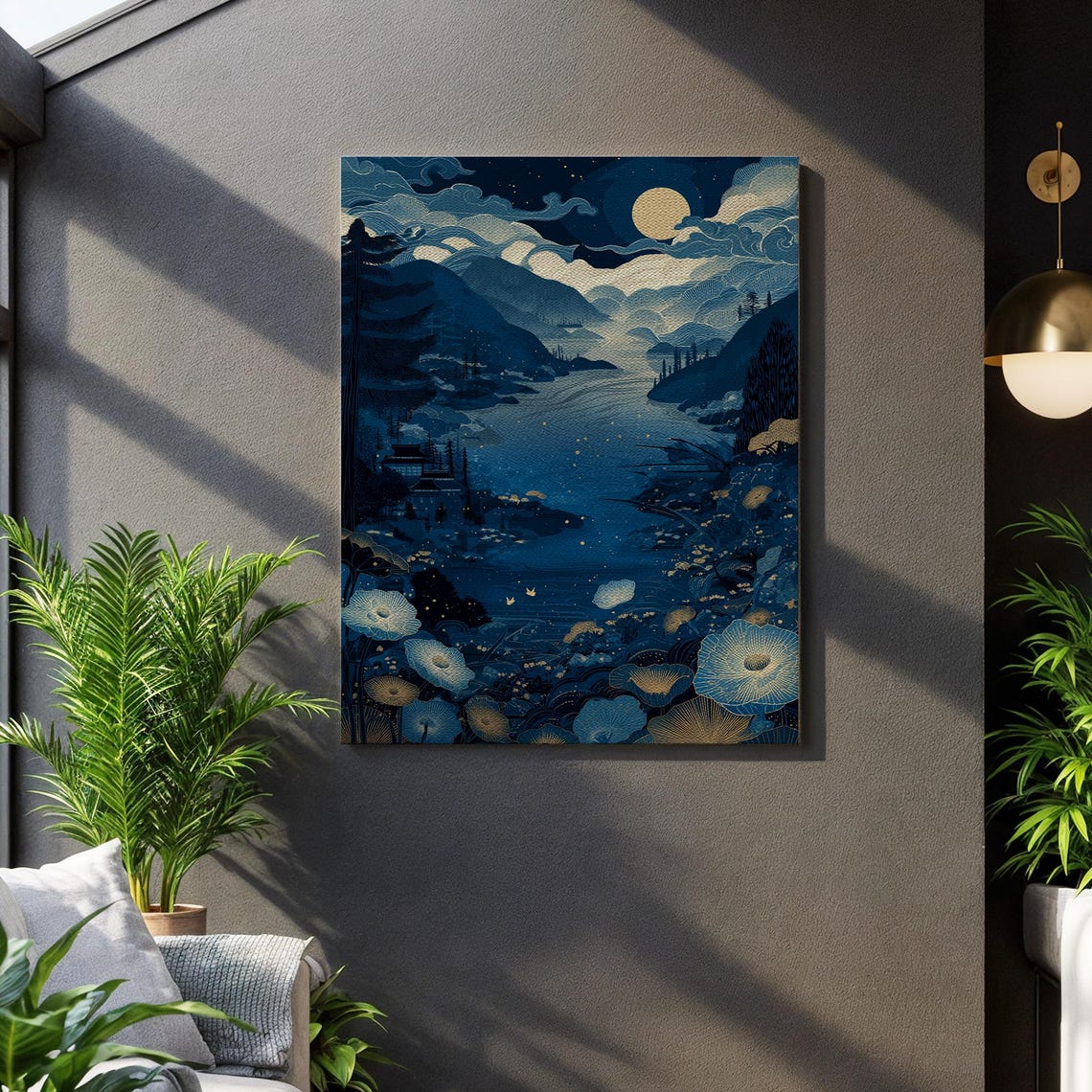 Japanese Ukiyoe Art Mystical Night River Framed Full Moon Decor Blue And Gold Wall Asian Botanical Canvas Spiritual Gift