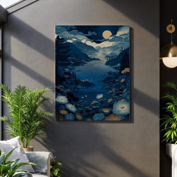 Japanese Ukiyoe Art Mystical Night River Framed Full Moon Decor Blue And Gold Wall Asian Botanical Canvas Spiritual Gift