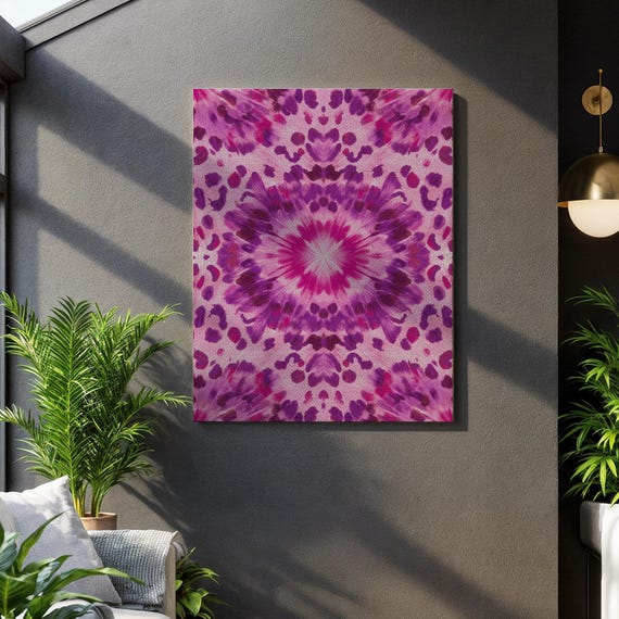 Purple Mandala Tie Dye Canvas Art Boho Symmetrical Abstract Print In Magenta And Violet Framed Colorful Wall Decor For Modern Interiors