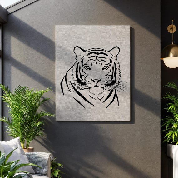 Minimalist Tiger Canvas Wall Art Bold Black Line Illustration Modern Wildlife Print Framed Animal For Living Room Office Decor
