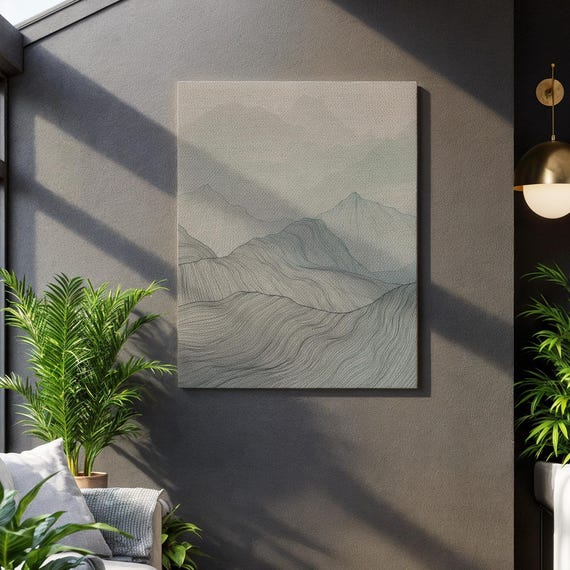 Minimalist Mountain Contour Geometric Line Outline Serene Nature Display Nordic Room Gift Subtle Beauty Motif Tranquil Landscape Mood