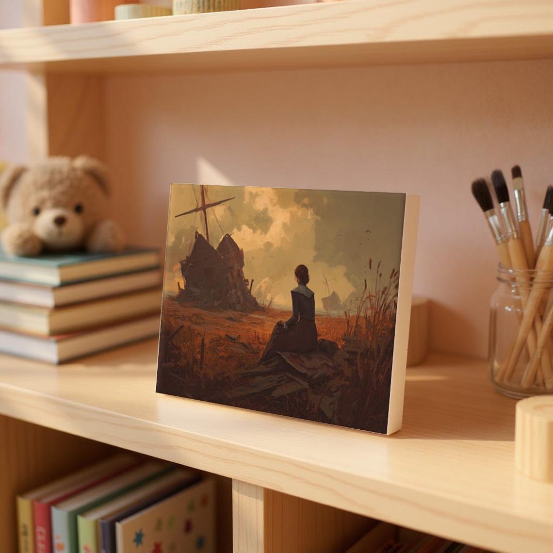 Melancholic Windmill Autumn Field Woman Moody Painterly Art Poster