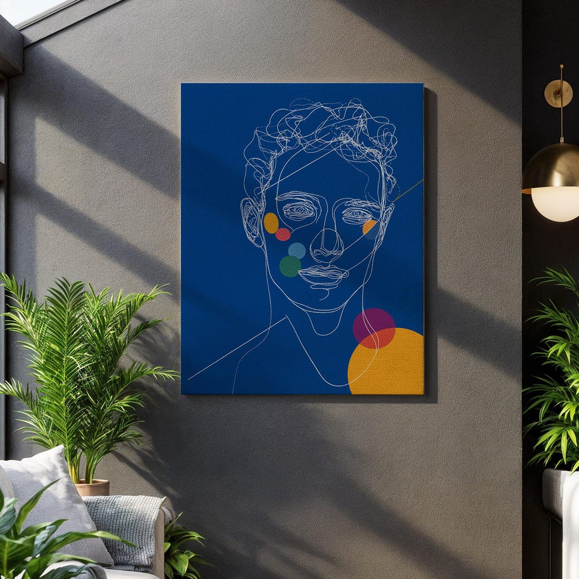 Abstract Line Face Portrait Blue Background Colorful Circles Poster