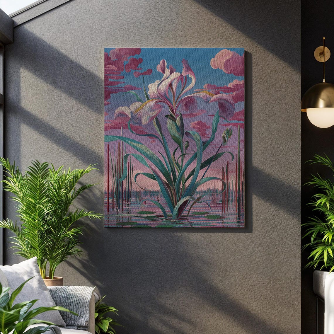 Giant Iris Bloom Botanical Floral Painting Poster with Pink Sky