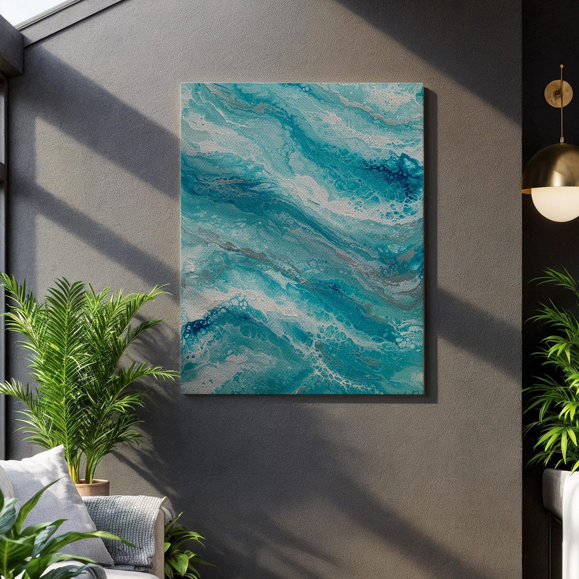 Abstract Fluid Blue Waves Marble Swirl Modern Art Poster in Teal
