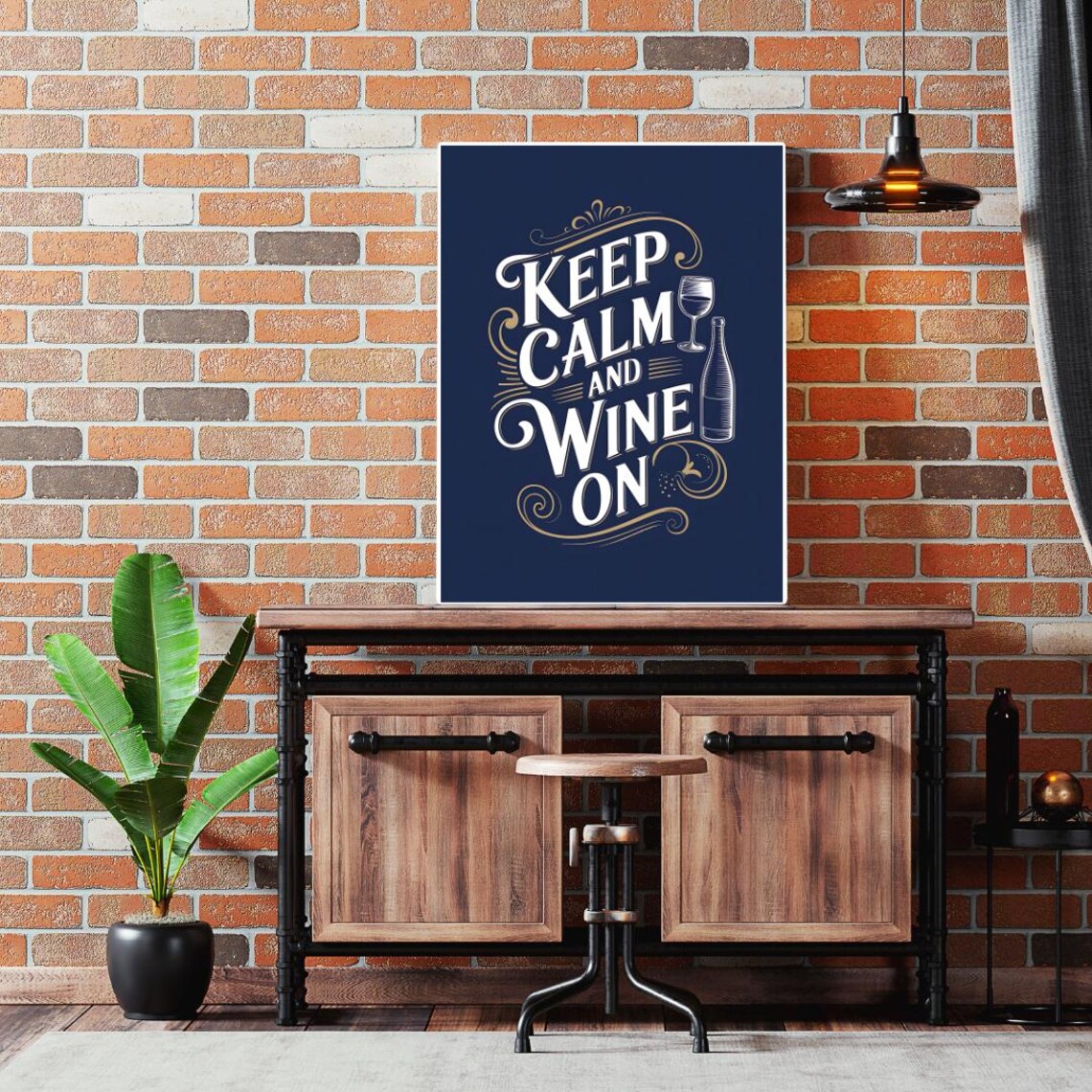 Navy Blue Keep Calm and Wine On Gold Lettering Typography Poster - Image 5