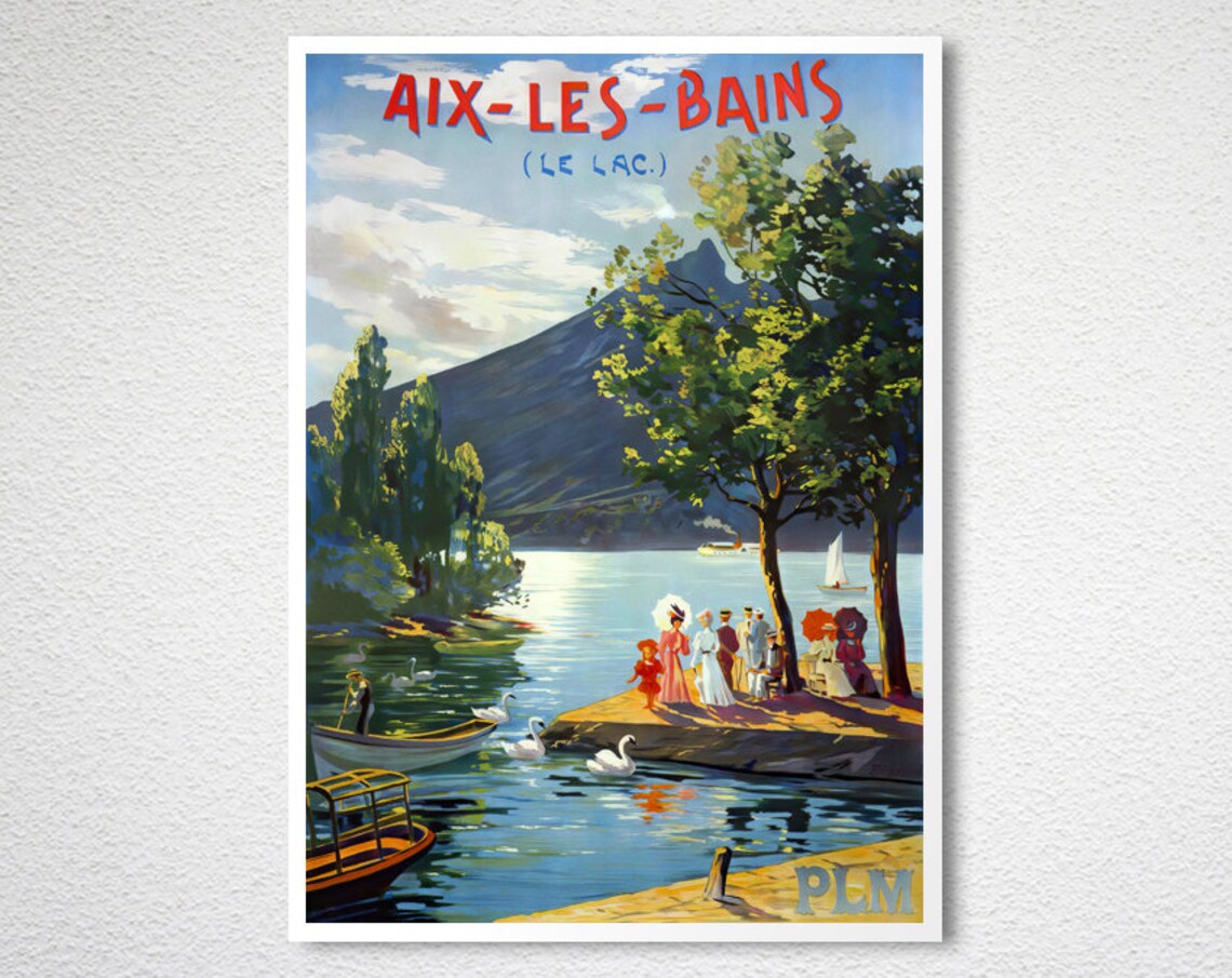 Aix Les Bains Lake Bourget Swans Boaters Vintage French Travel Poster - Image 2