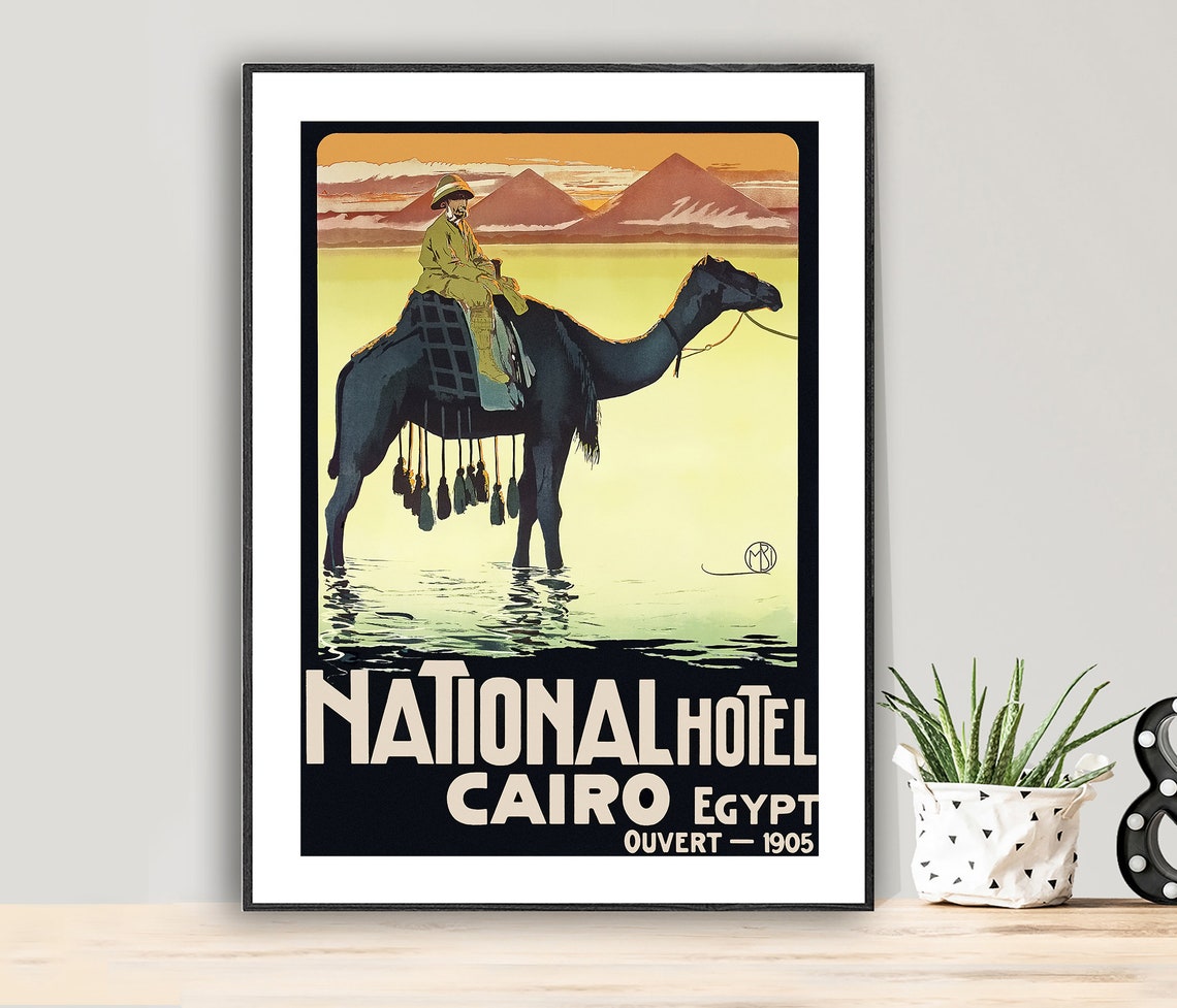 National Hotel Cairo Egypt 1905 Camel Pyramid Vintage Poster