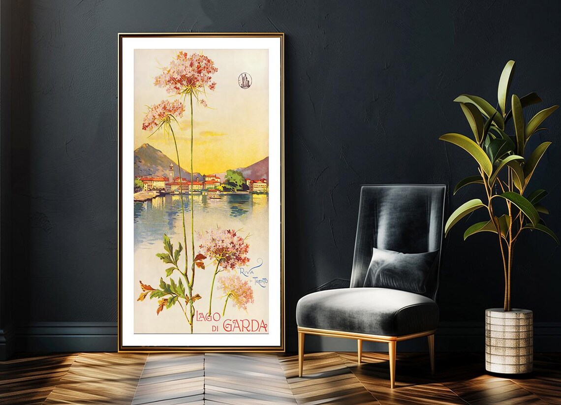 Lago di Garda Sunset Vintage Italian Lake Flowers Travel Poster