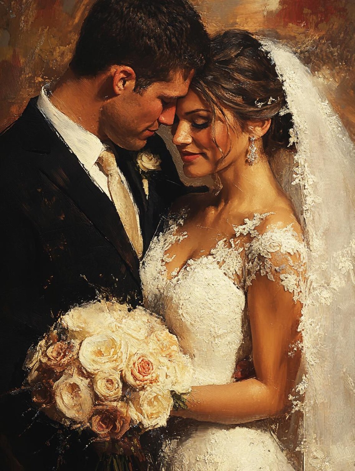 Romantic Wedding Couple Oil Painting Bride Groom Embrace Wall Art