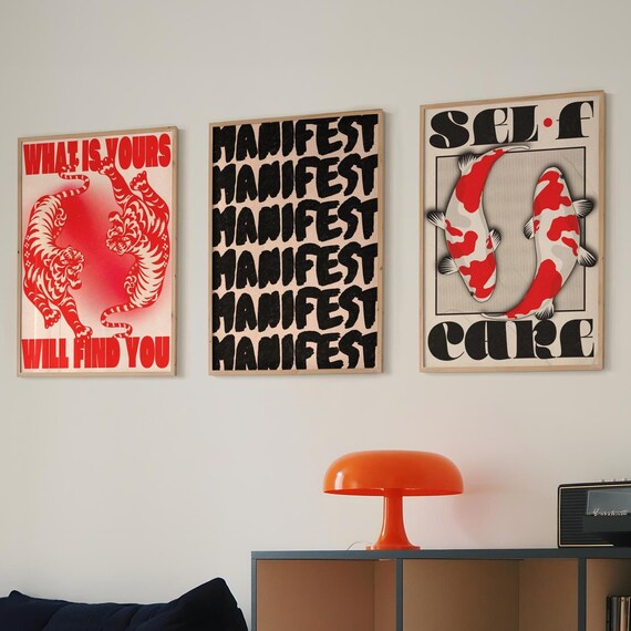Black Wall Art Set Of 3 Manifest Poster Tiger Livingroom Decor Dopamine Trippy Preppy