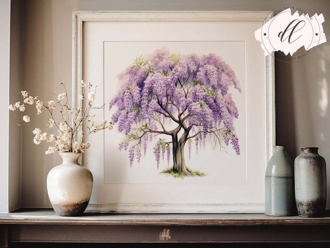 Purple Wisteria Tree in Bloom Watercolor Botanical Tree Poster