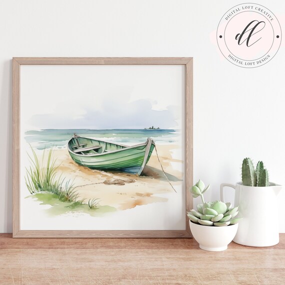 Green Rowboat on Sandy Beach Watercolor Coastal Retreat Poster
