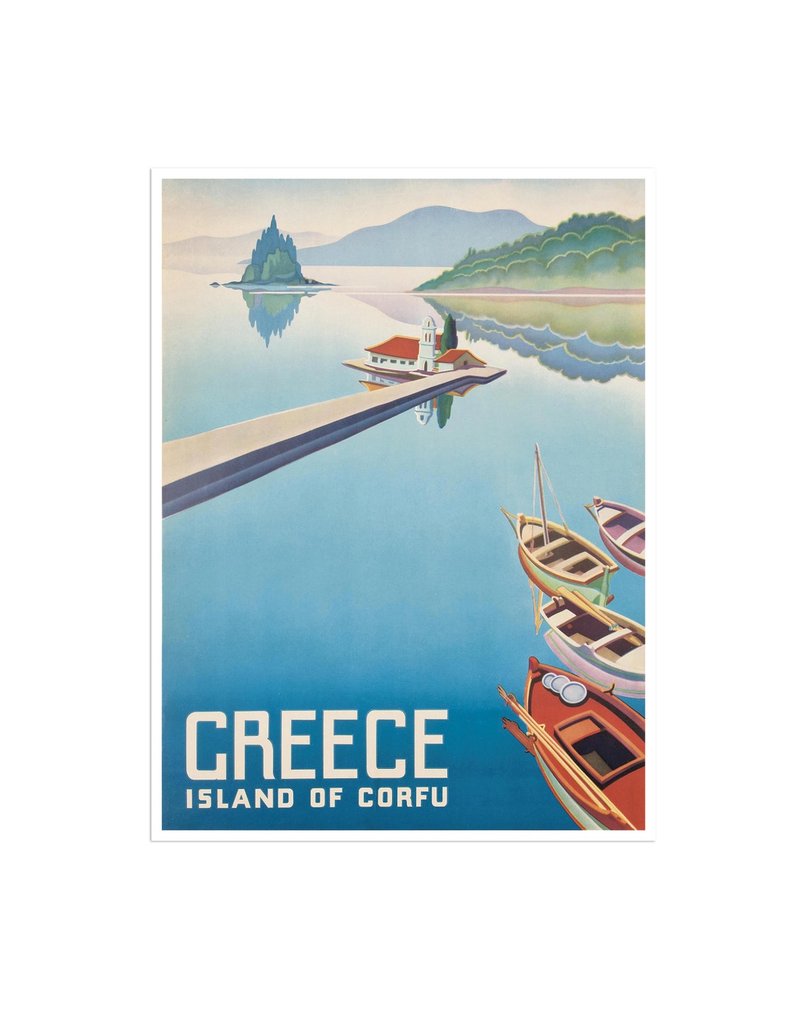 Greece Island of Corfu Harbor Boats Chapel Vintage Travel Poster