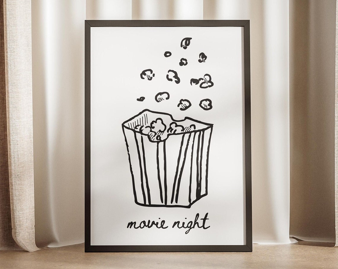 Movie Night Popcorn Bag Illustration Doodle Family Together Poster Decoration Housewarming Gifts Ideas Living Room Dorm Cinema Art Print