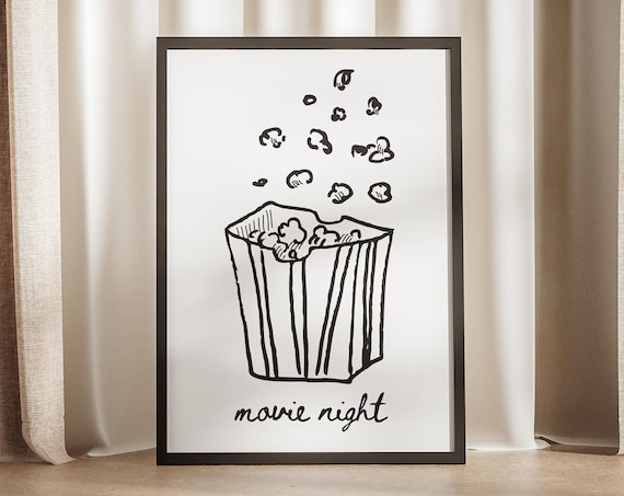 Movie Night Popcorn Bucket Minimal Black Ink Doodle Art Poster