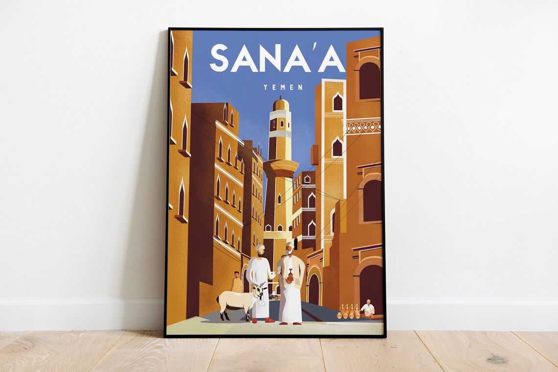 Sana'a Yemen Old City Tower Houses Street Vintage Travel Poster