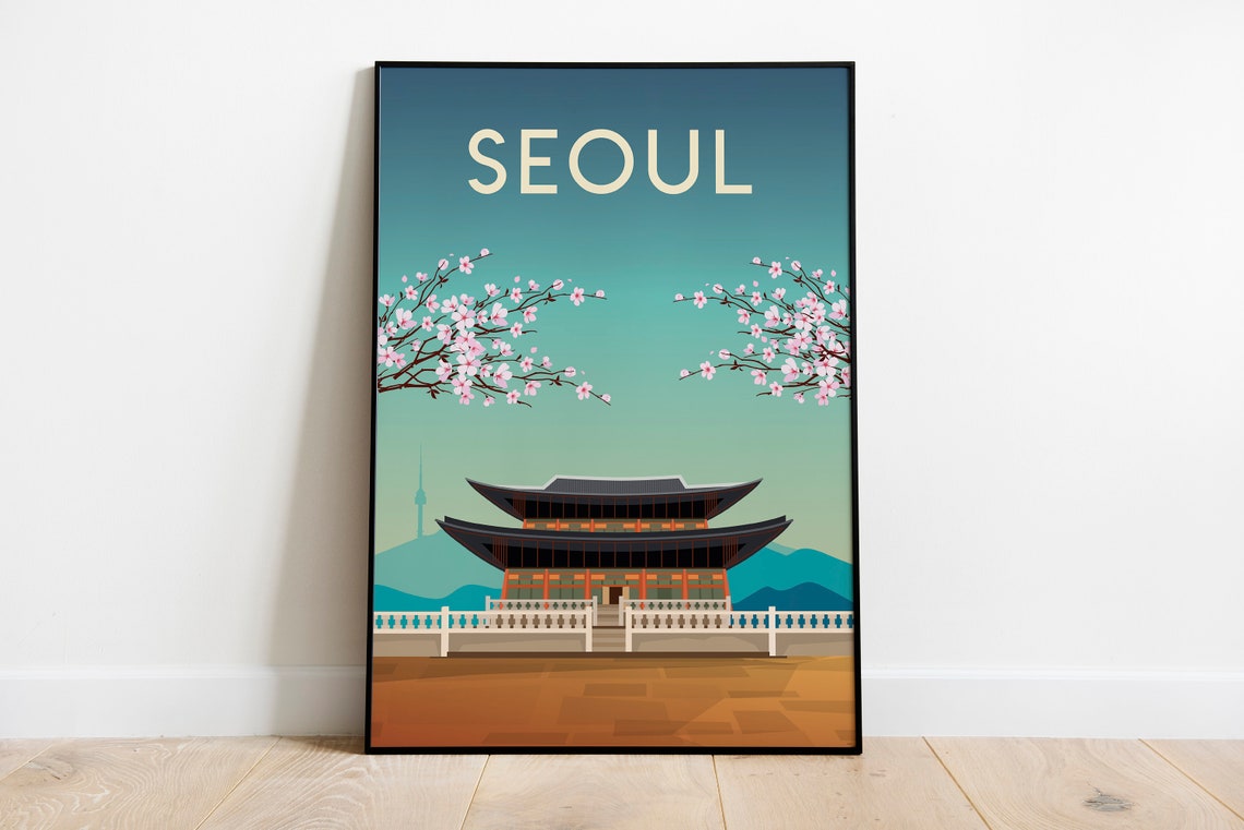 Seoul Korea Travel Poster Palace Spring Cherry Blossom Scene
