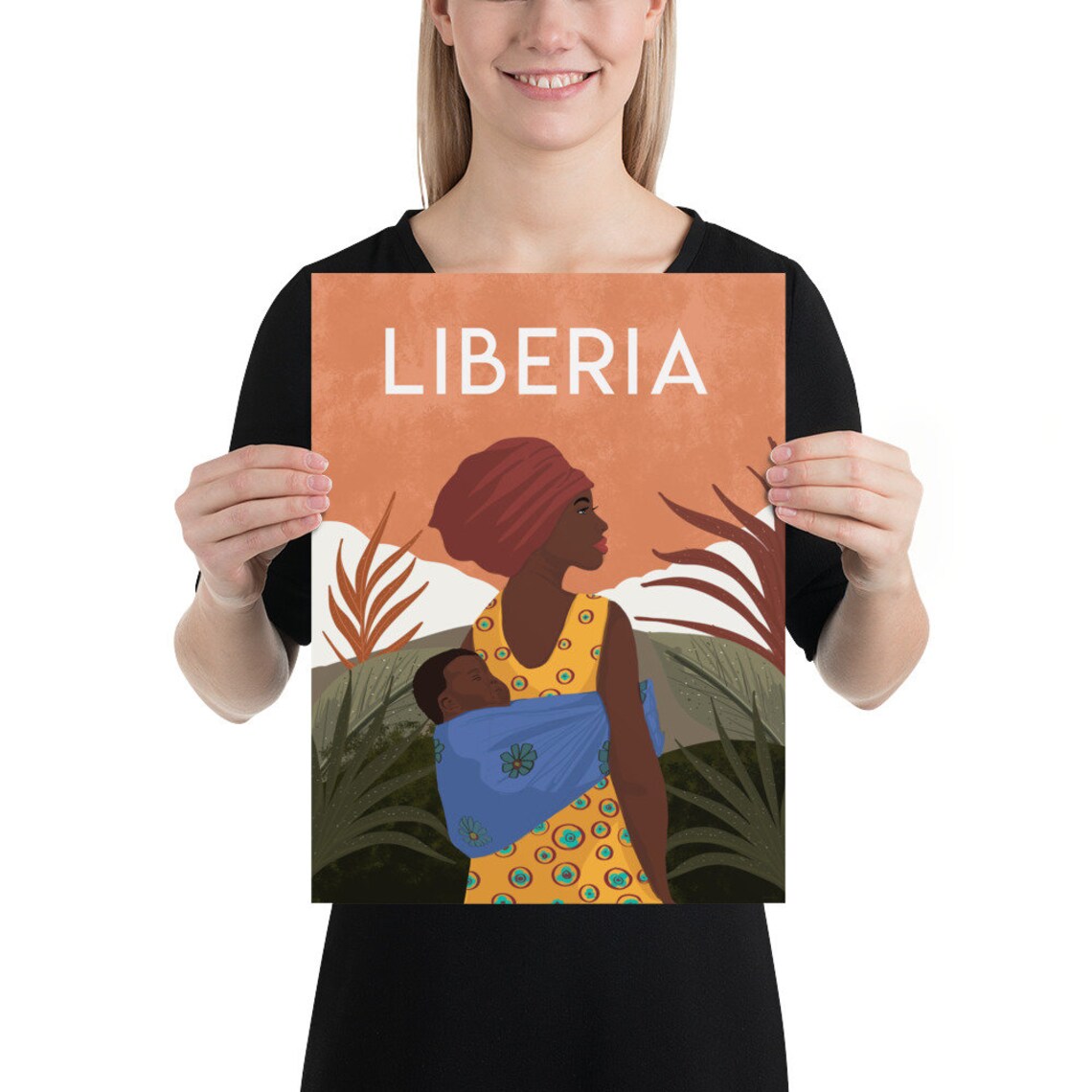 Liberia African Mother and Child Tropical Garden Travel Poster - Image 2
